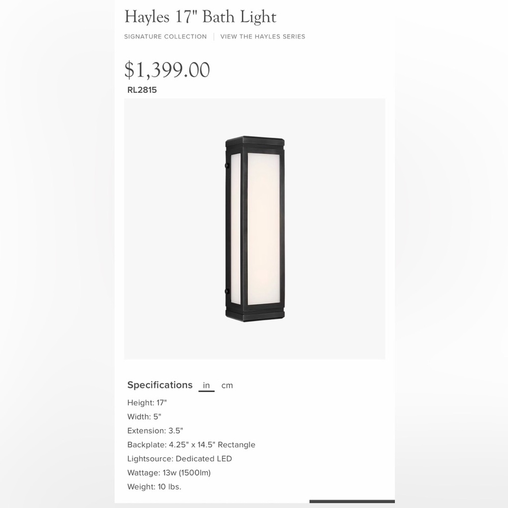 Visual Comfort Hayles Bath Sconce by Ralph Lauren Bronze Finish